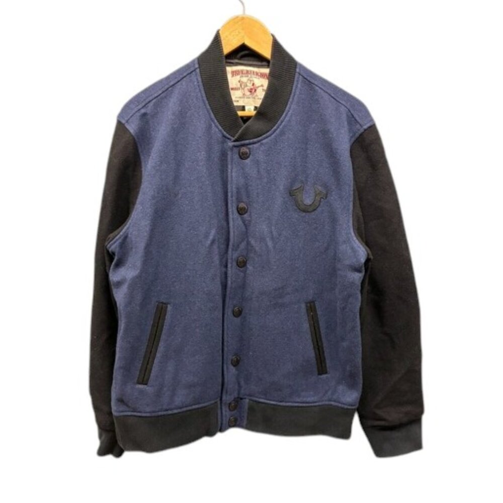 True‎ Religion Men's Varsity Jacket Navy Black Wool Blend Snap Button Size Large